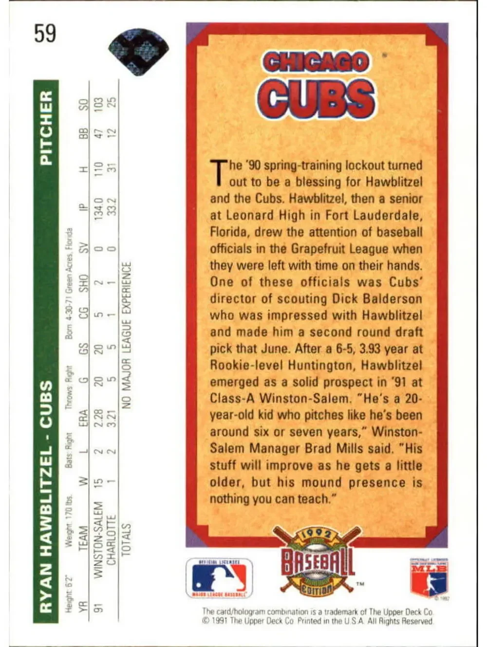 Ryan Hawblitzel 1992 Upper Deck MLB #59 Rookie Baseball Card Chicago Cubs
